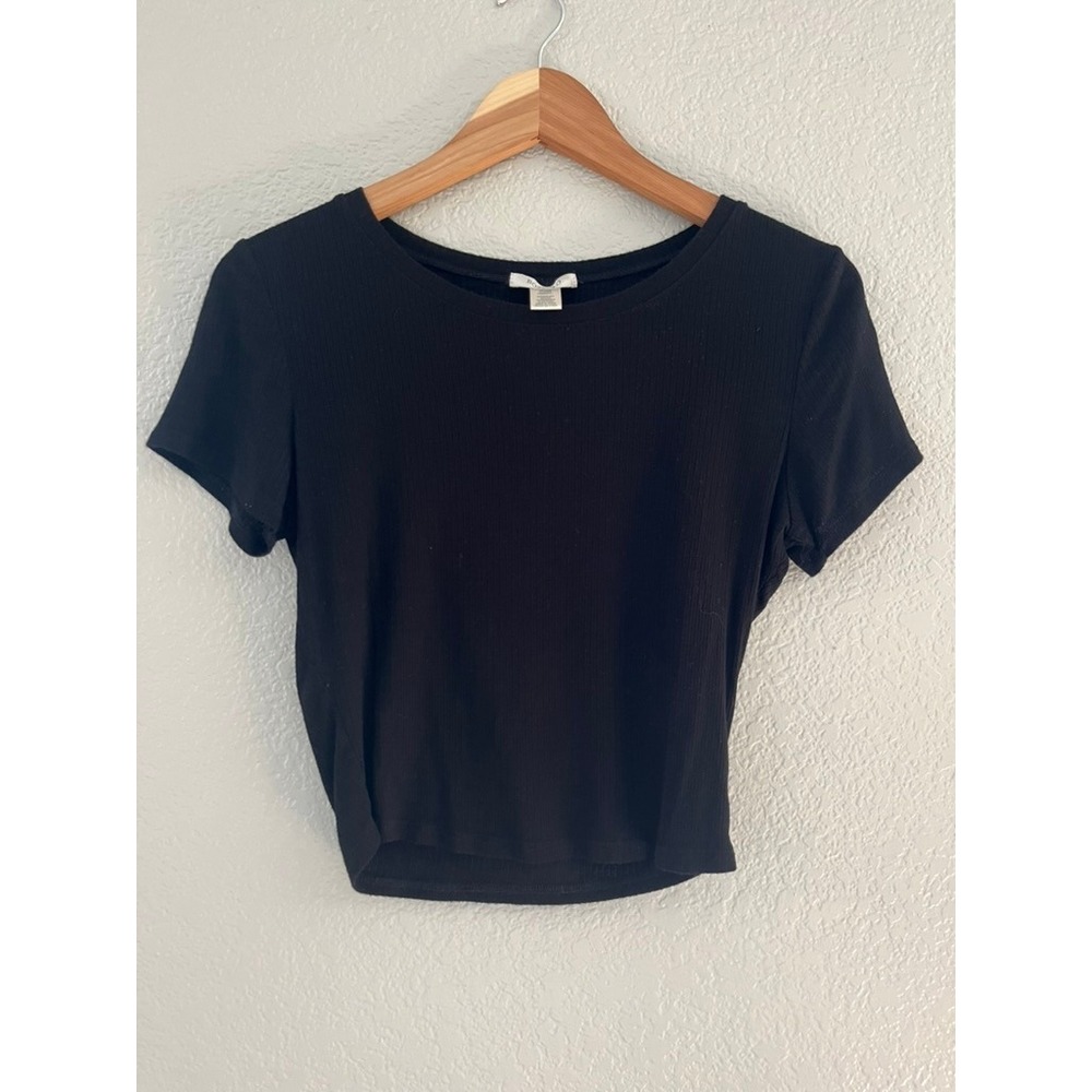 Bozzolo Black Ribbed Short Sleeve Crop Top RT42225